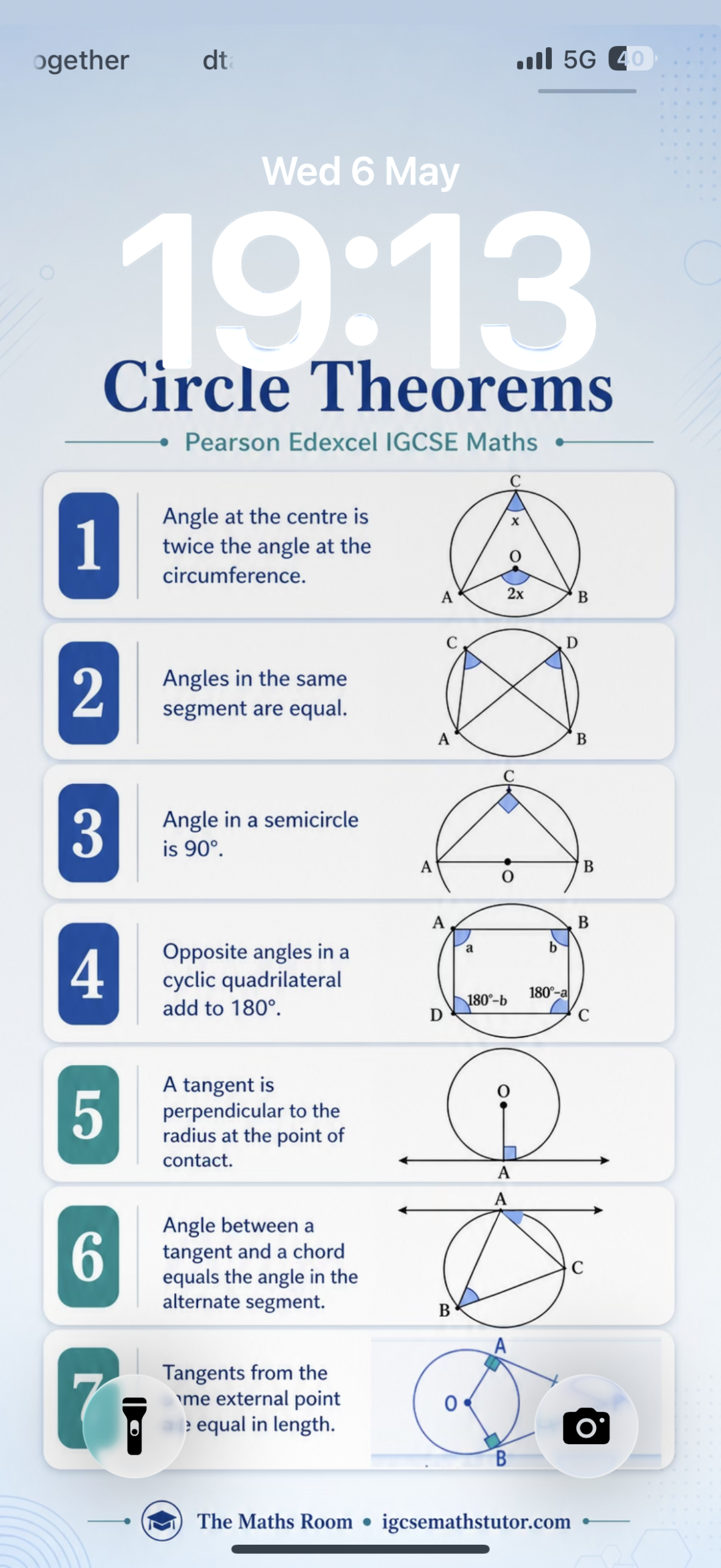 IGCSE Maths Circle Theorems formula sheet shown on an iPhone lock screen
